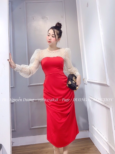 Đầm body nhún tay lưới tay phồng dài qua gối