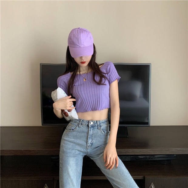 「HOME5」 Áo dệt kim ngắn tay màu trơn cá tính cho nữ