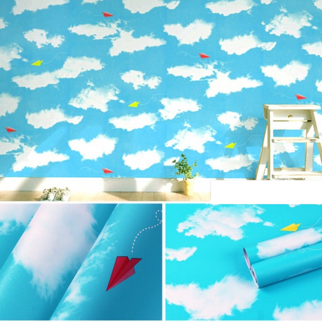 Giấy dán tường mây xanh nhạt có keo sẵn khổ rộng 45cm, giấy decal dán tường trời xanh mây trắng - Lala Mart