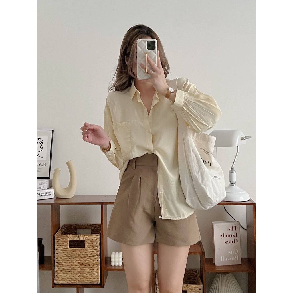 ÁO SƠ MI TRẮNG LỤA HÀN ULZZANG BASIC DÁNG RỘNG TAY BỒNG TRƠN