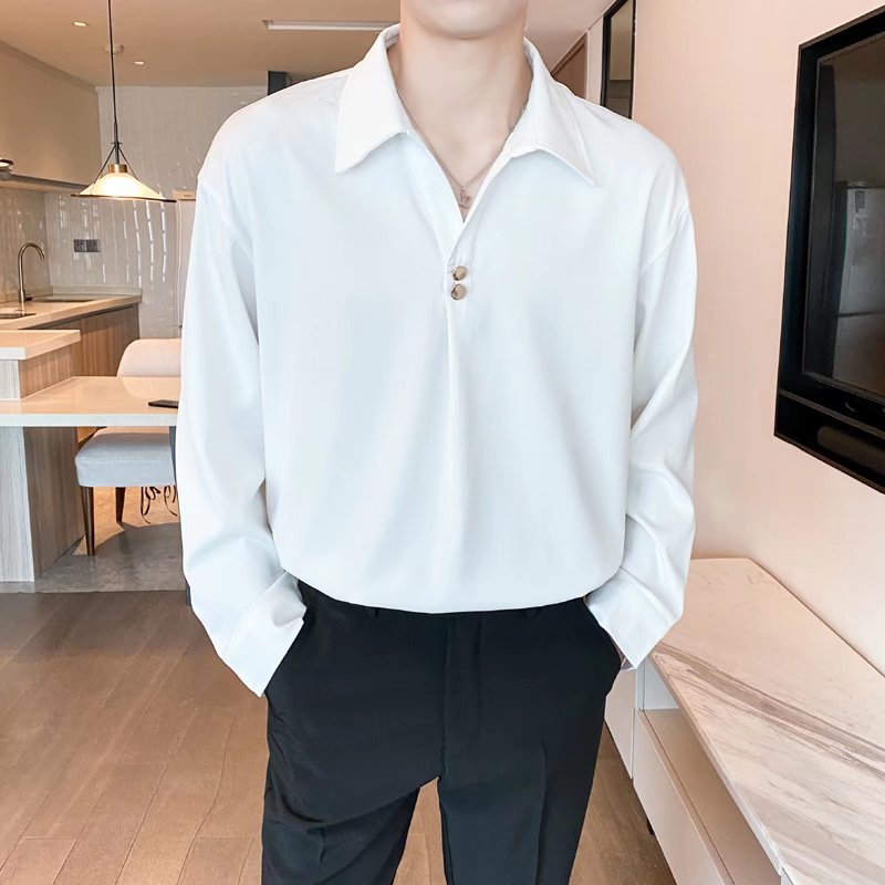 Áo Thun Polo Màu Trắng Đen Tay Dài Phối Nút Phong Cách Hong Kong Trẻ Trung Cho Nam Cỡ M-2XL