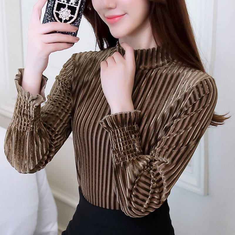 Áo thun tay dài chất nhung dày dặn giữ ấm thời trang thu đông phong cách Hàn Quốc cho nữ