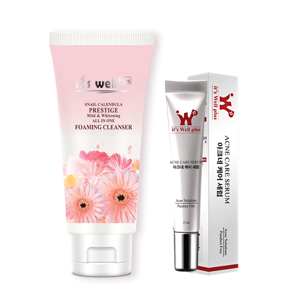 Bộ 2 sản phẩm hỗ trợ giảm mụn It's Well Plus: Serum chăm sóc da mụn 15ml &amp; Sữa rửa mặt làm mờ thâm mụn 150ml