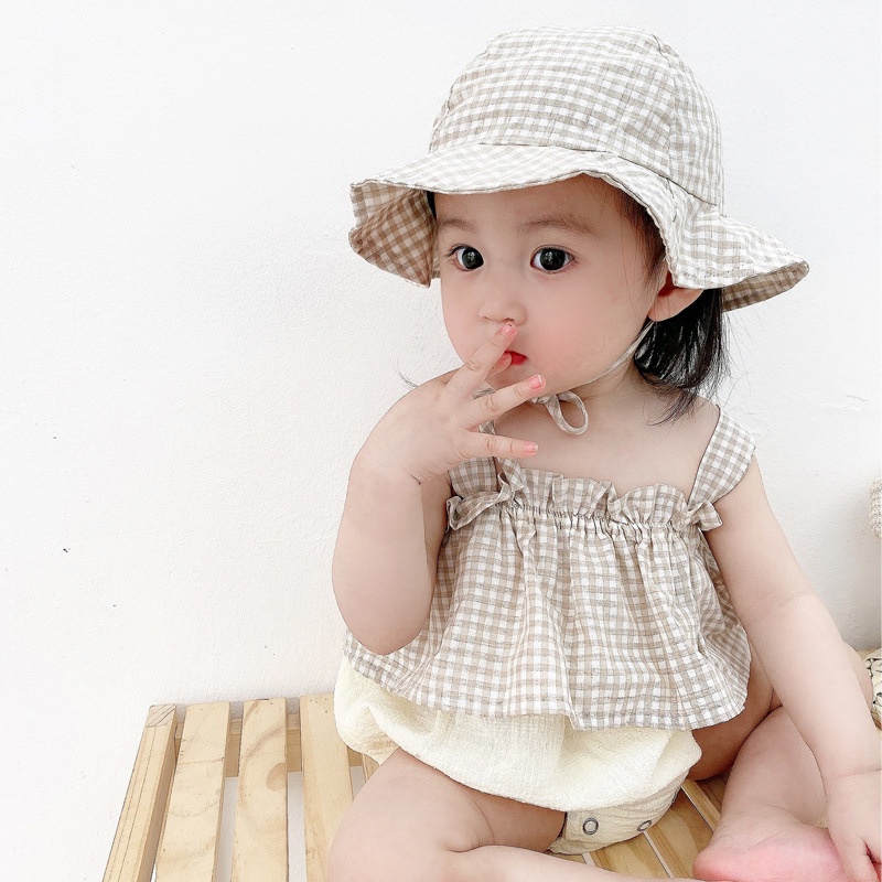 Bộ Áo Liền Quần Hai Dây Thoáng Khí Họa Tiết Sọc Caro Phong Cách Hàn Quốc
