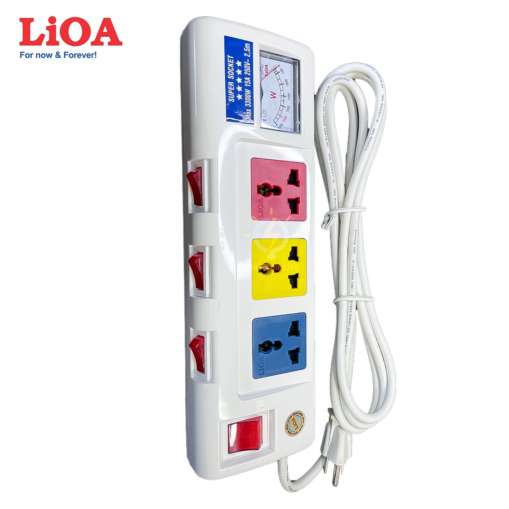 Ổ cắm điện công suất lớn, đo công suất, cao cấp, LIOA, 3 ổ cắm, 3 công tắc, 3OFSSA2.5-2