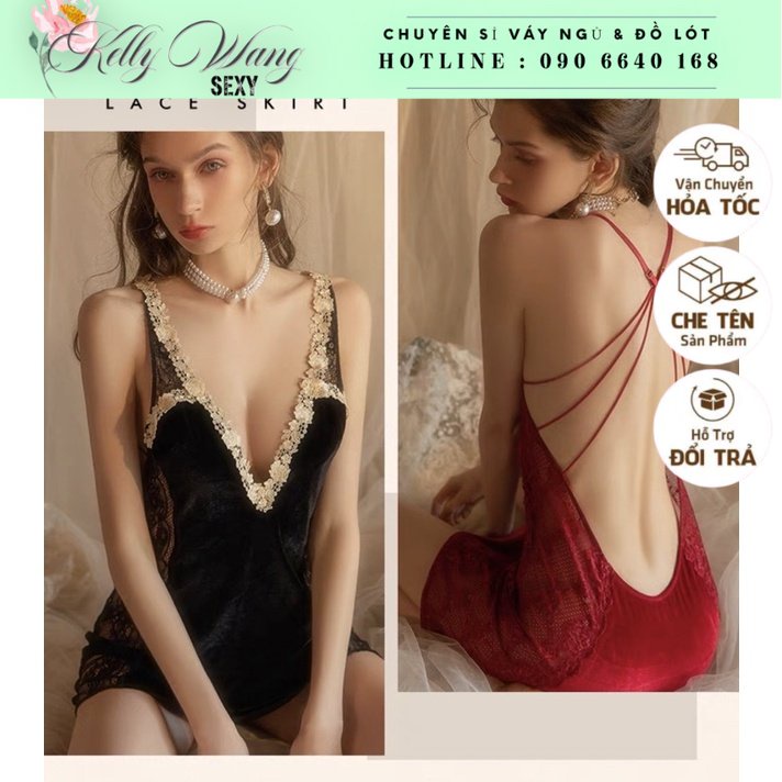 SX842 - Váy ngủ nhung phối ren mềm cao cấp - Đầm ngủ sexy gợi cảm - KELLYWANG