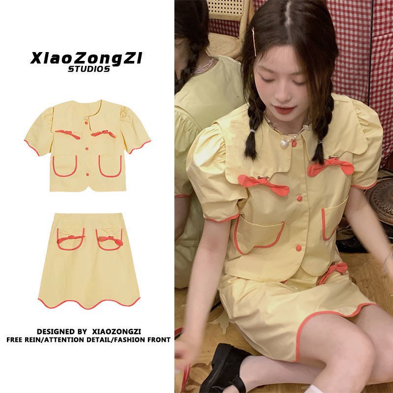 Set áo sơ mi cổ búp bê đính nơ + chân váy lưng cao dáng ôm thời trang mùa hè Nhật Bản dễ thương cho nữ có bán lẻ