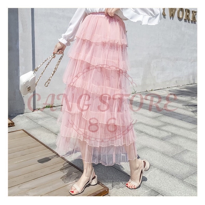 Chân váy xếp tầng 2 lớp - Chân váy dài midi bánh bèo lưng cao nhiều màu (Hàng Quảng Châu)