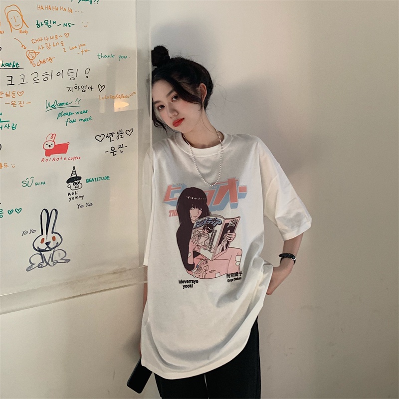 Xiaozhainv 2 colors summer loose wild comic print Harajuku style retro short-sleeved T-shirt fashion women's top