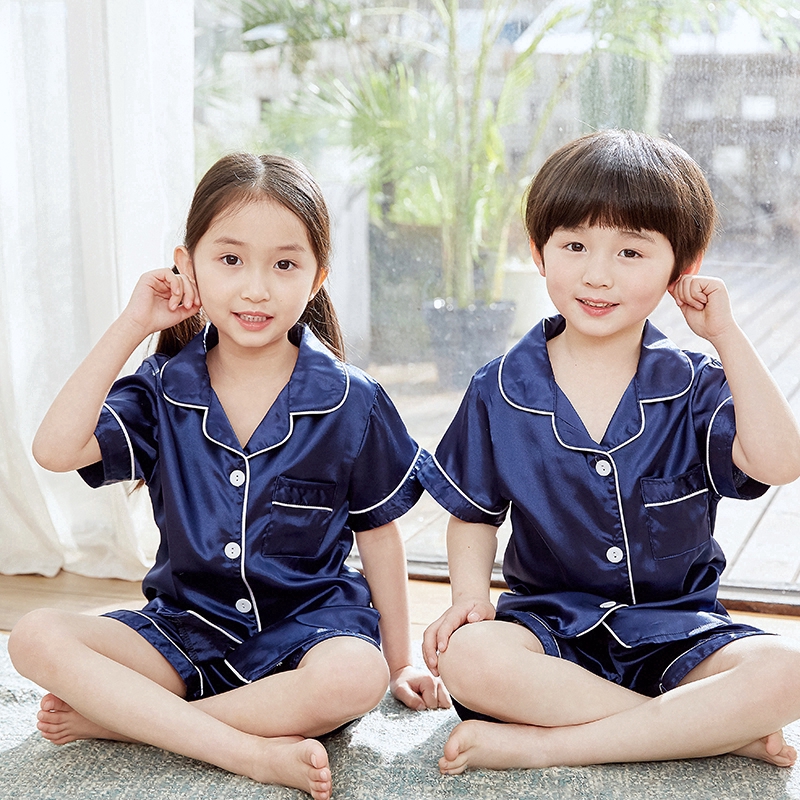 Bộ Đồ Ngủ Pijama Ngắn Tay Vải Lụa Satin Cho Bé Từ 4-14 Tuổi