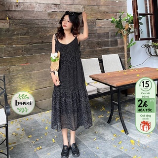 Váy 2 dây bánh bèo, đầm đen 2 dây chấm bi emmei - v142