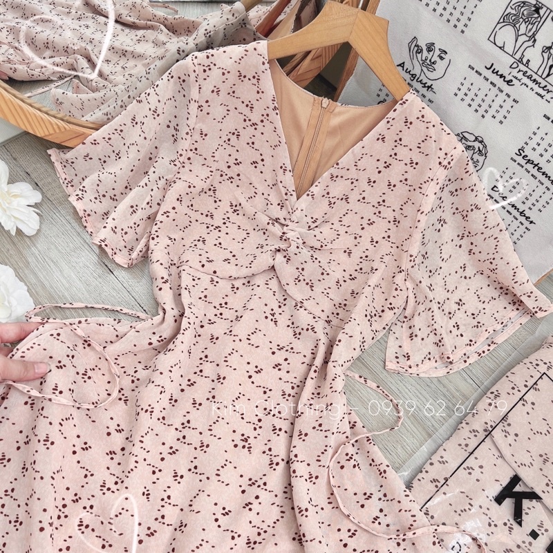 [Hàng sẵn] Đầm voan lụa tay tiên nhíu ngực nơ sau nhẹ nhàng dáng ngắn - hình thật