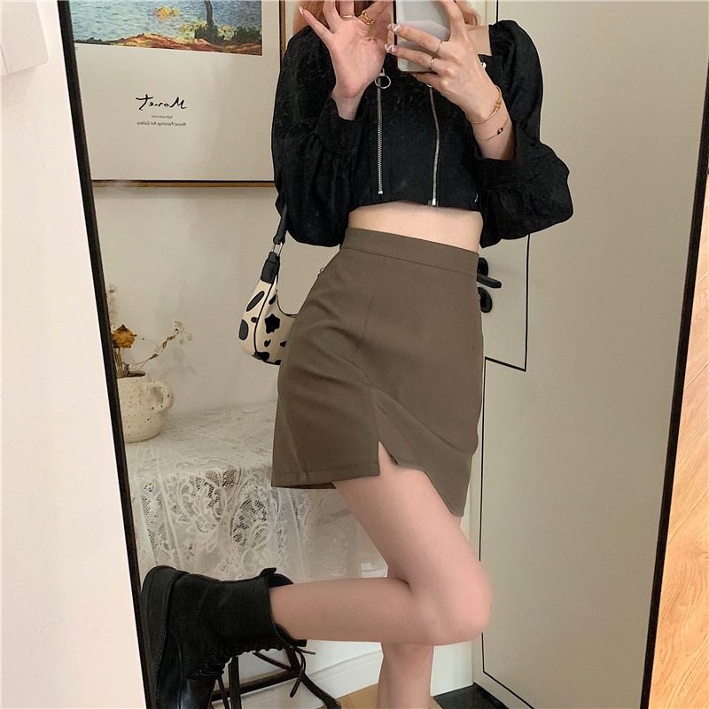 QADCOL Chân váy chữ A lưng cao phong cách Hàn Quốc