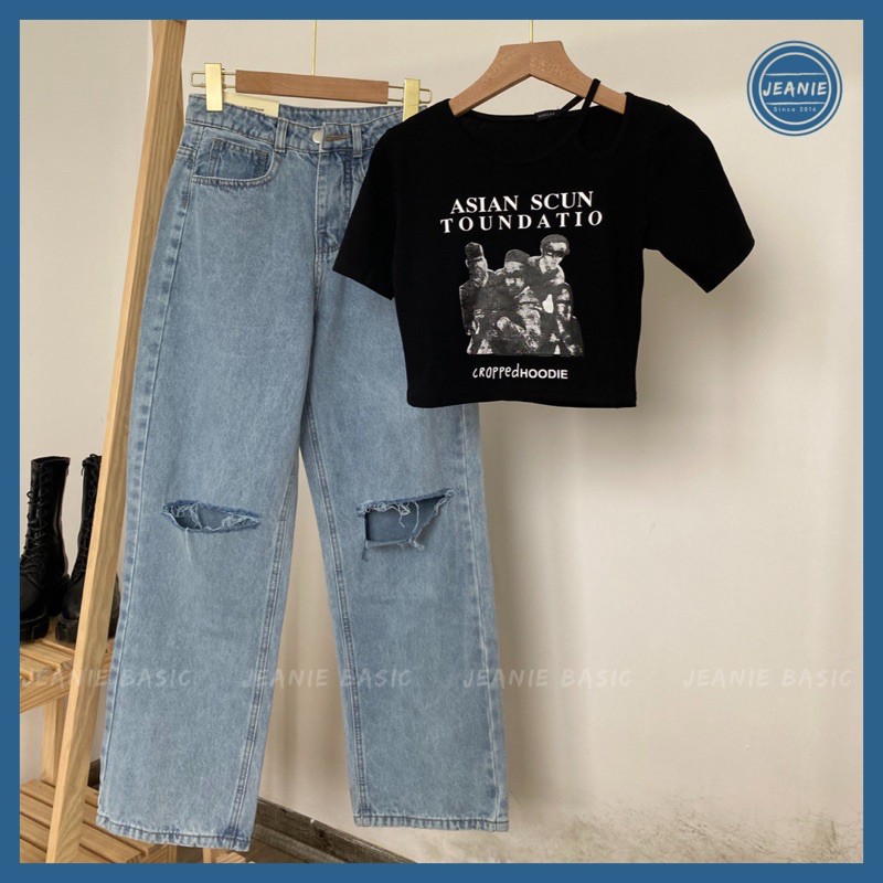 Quần jean nữ ống suông rách gối JEANIE 3190 NoBrandDenim