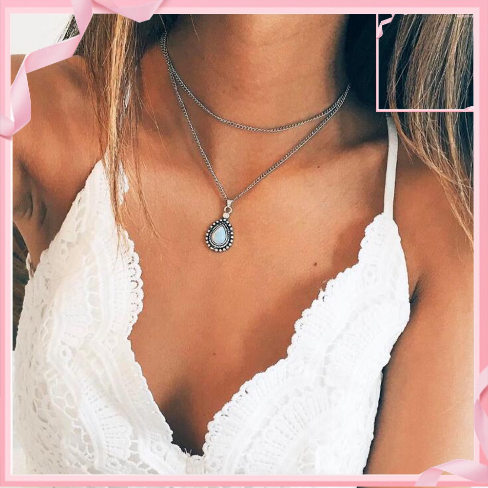 Vòng cổ Choker Hai Lớp Mặt Đá Opal Hình Giọt Nước Cổ Điển Cho Nữ