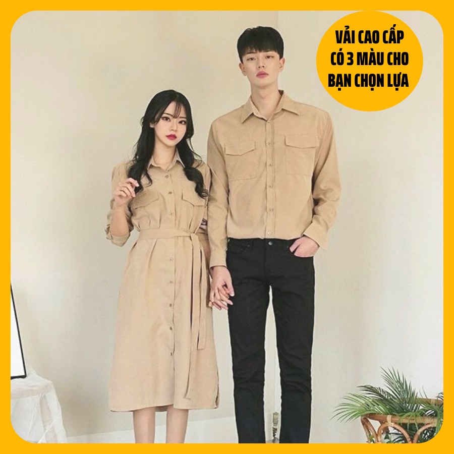 Đồ đôi nam nữ, Áo đôi nam nữ đẹp : Set áo váy sơ mi Hàn Quốc COUPLE STORE dùng đi chụp hình cưới,đi chơi, đi du lịch