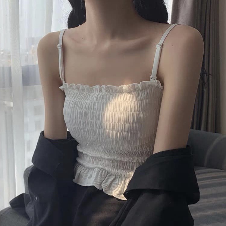 Áo 2 Dây Màu Trắng Gân Tăm Cao Cấp Dáng Ôm Có Thể Điều Chỉnh Dây