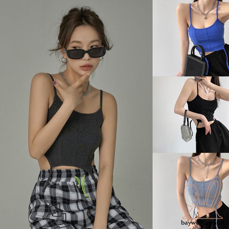 Áo croptop hai dây màu trơn có Đệm Ngực phong cách thời trang Hàn Quốc C5