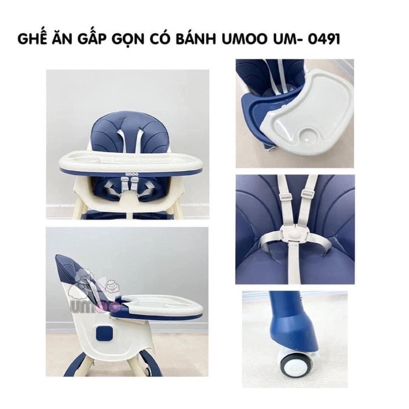 Ghế ăn dặm UMOO cao cấp có bánh xe, dễ dàng gấp gọn, ghế ăn dặm cho bé