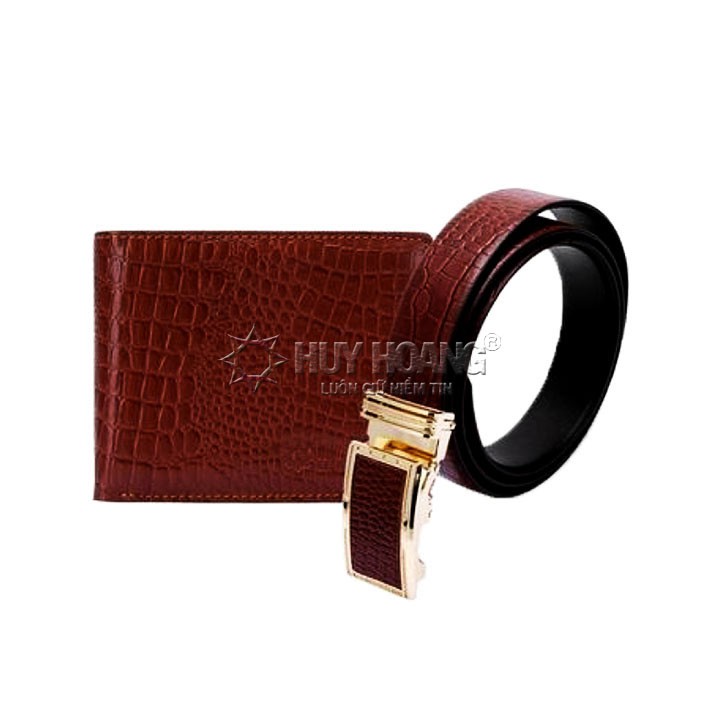 Bộ Bóp & Dây nịt nam Huy Hoàng vân cá sấu màu nâu PH2112-PH4115