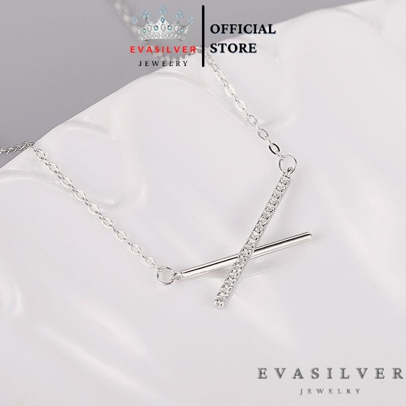 Dây chuyền bạc nữ cao cấp 2 thanh chéo Evasilver, Vòng cổ chất liệu bạc ta đính đá sang trọng nữ tính