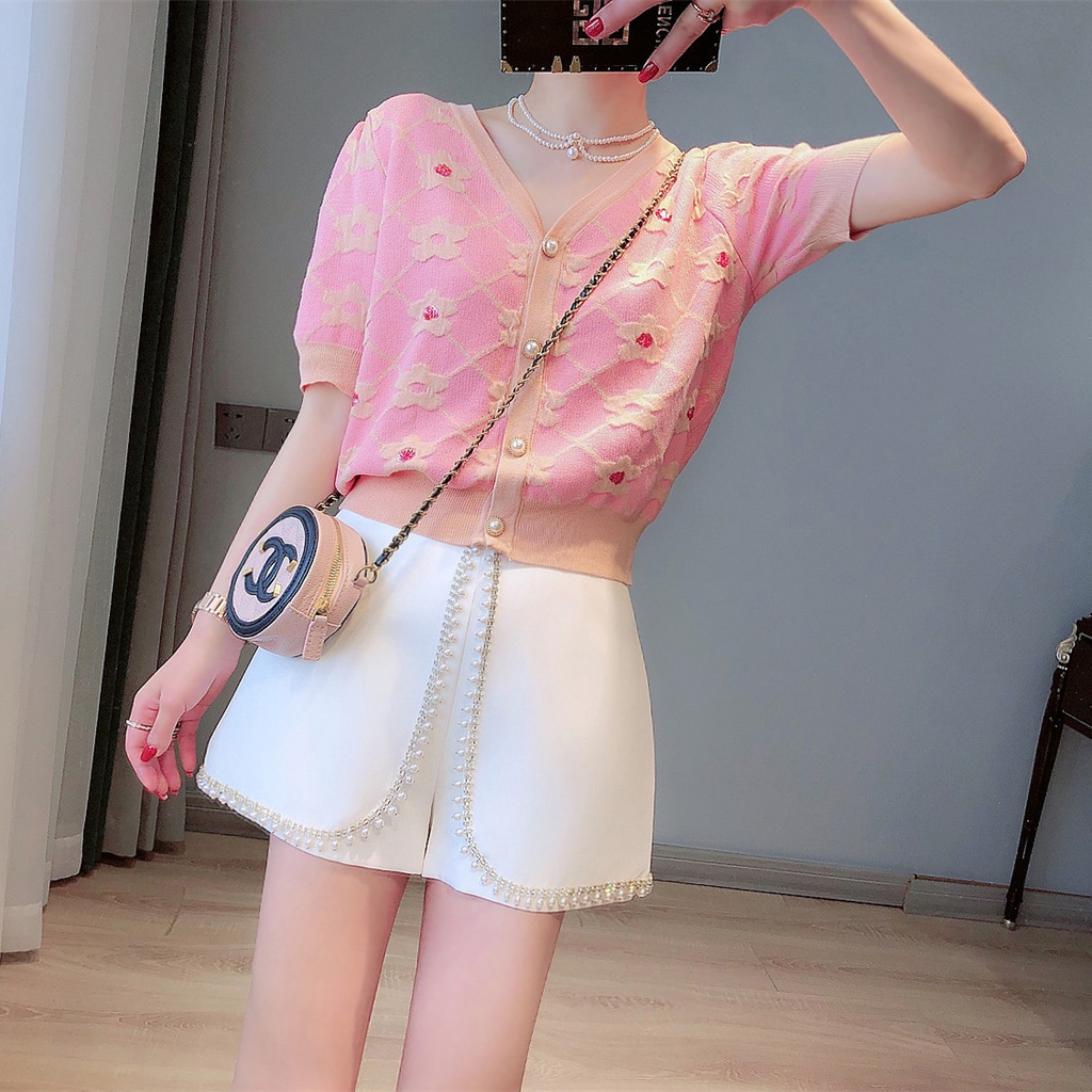 Áo khoác Cardigan ngắn tay cổ chữ v thêu hoa xinh xắn cho nữ | BigBuy360 - bigbuy360.vn