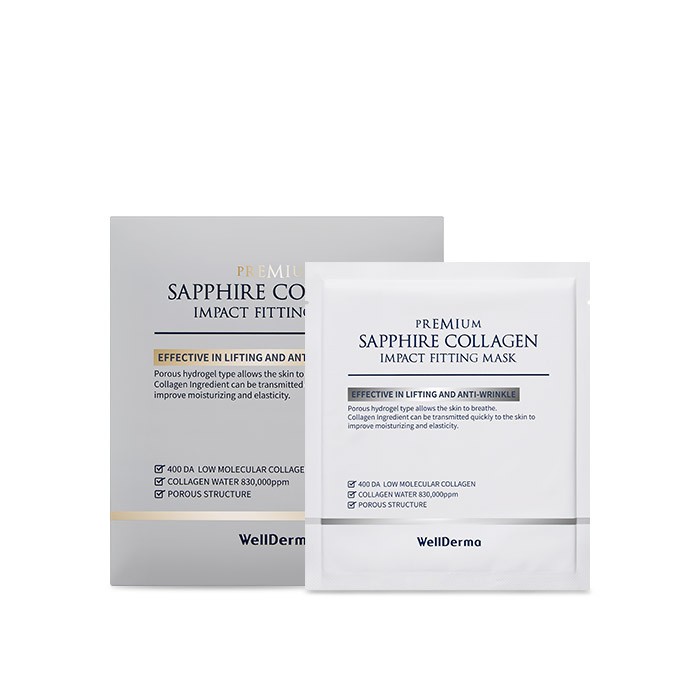 Mặt nạ gel tinh chất tiểu phân tử collagen biển từ Na Uy cao cô đặc Wellderma Premium Sapphire Collagen Impact Fitting Mask 4ea/1Box
