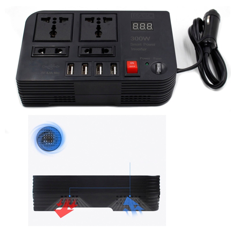 Bộ Chuyển Đổi Nguồn Điện 12V Sang 110V 300W Với 4 Cổng Sạc USB Cho Xe Hơi