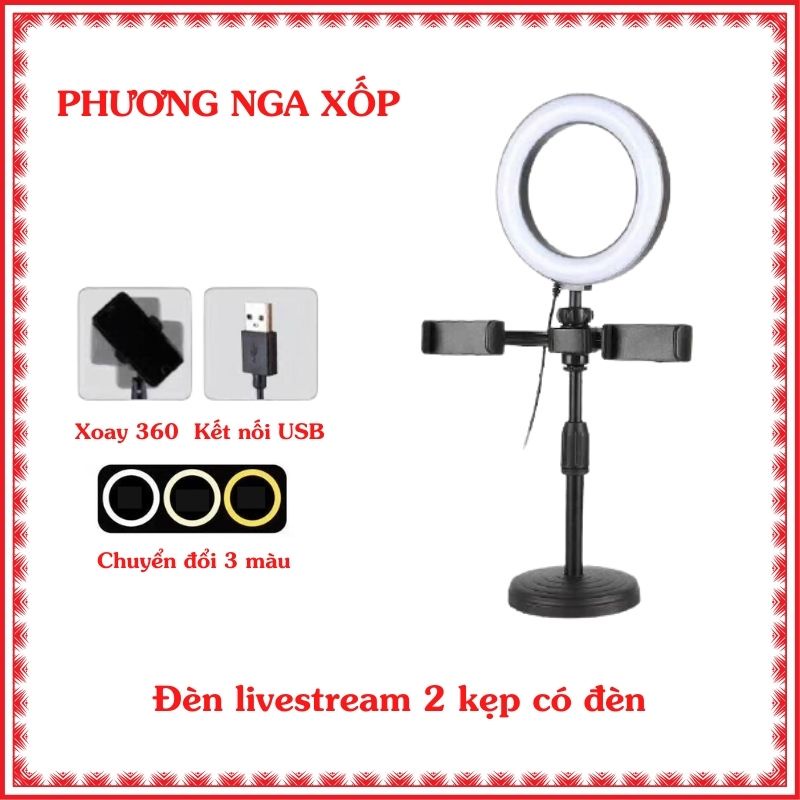 Đèn livestream 3in1 để bàn kẹp 2 điện thoại