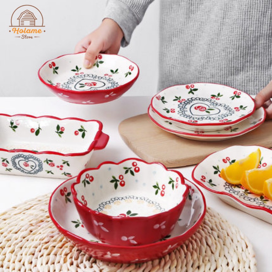 Bát đĩa sứ , chén đĩa decor họa tiết Cherry đỏ phong cách Hàn Quốc Holame