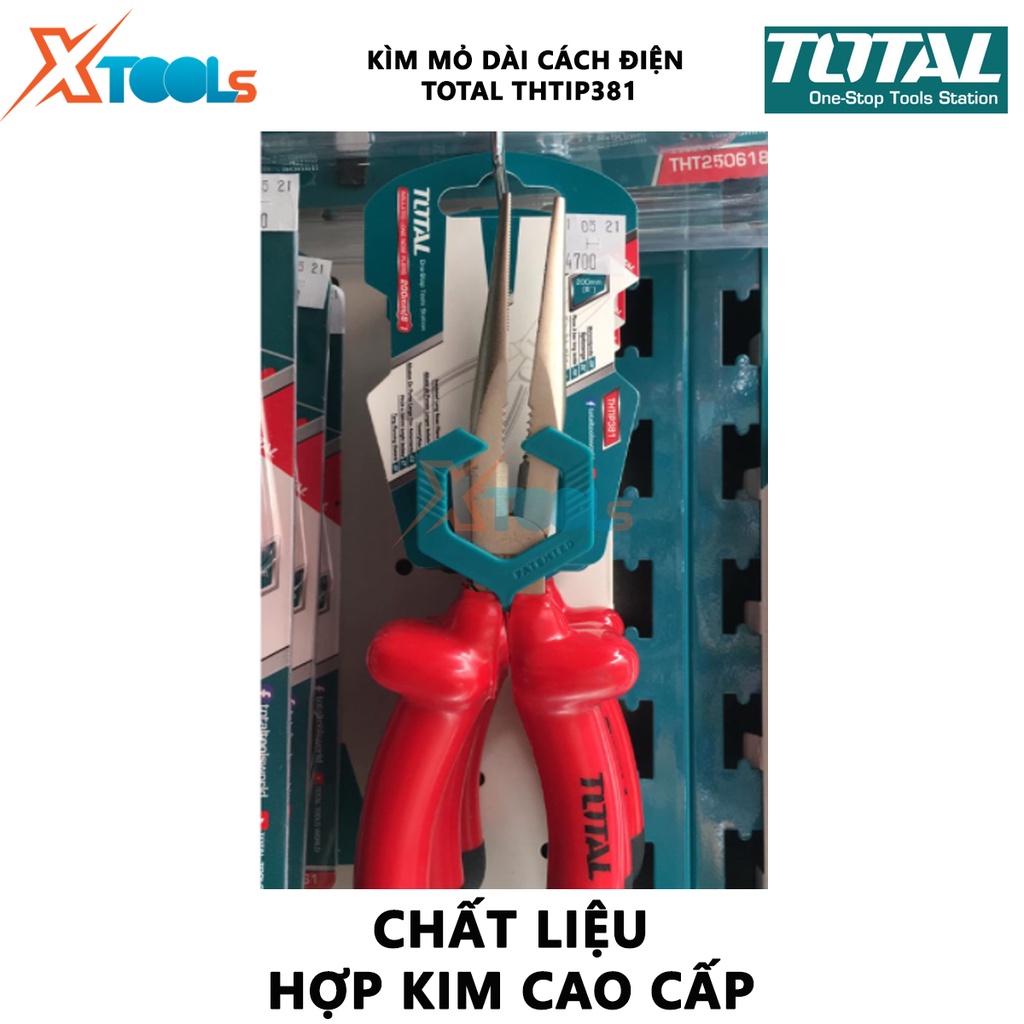 Kìm mỏ dài cách điện TOTAL THTIP381 | kềm cách điện Độ cách điện 1000V, Tay cầm bọc nhựa cách điện, Mũi kìm được làm bằn