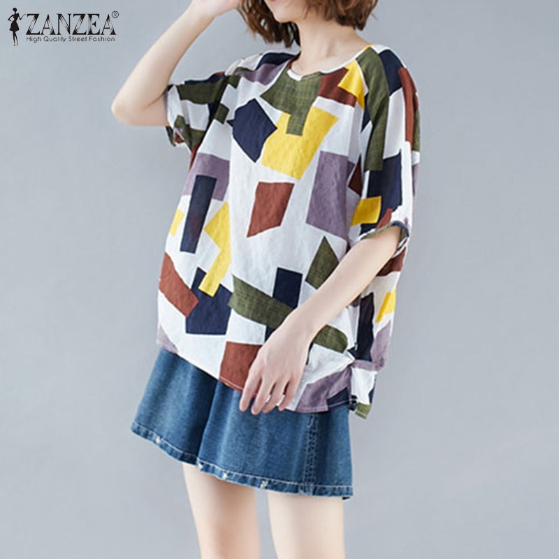 ZANZEA Áo Kiểu Nữ Ngắn Tay Cổ Tròn Thời Trang Hàn