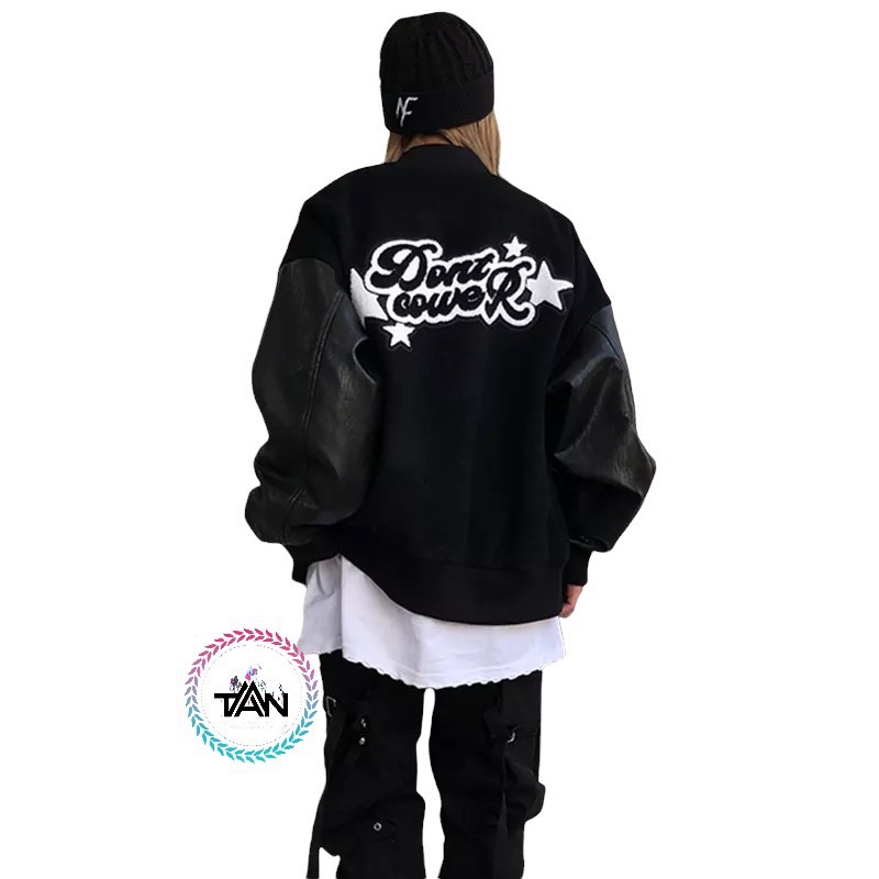 Áo Khoác Bomber Phối Tay Da Nam Nữ T-A-N Form Rộng Vai Sệ-AKD8-kaki hình Thêu tay da model shop màu đen có video
