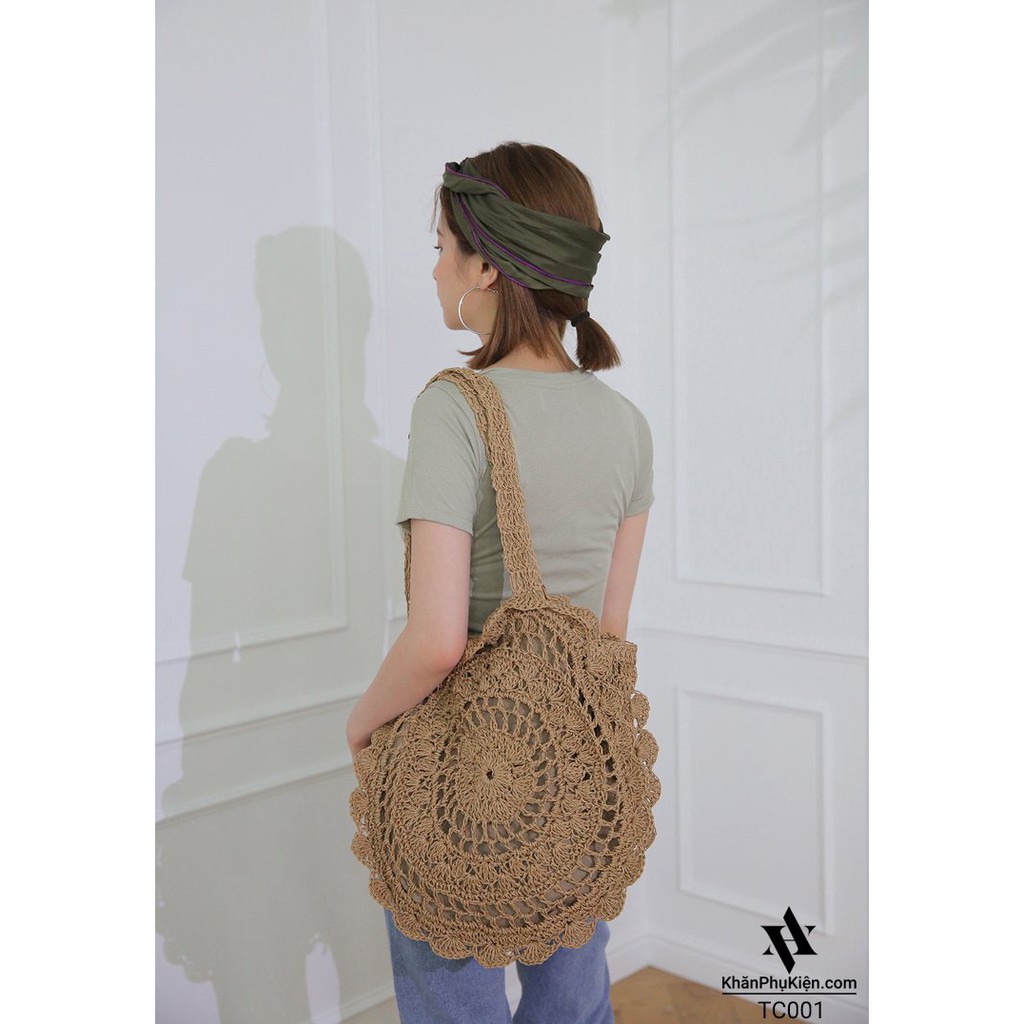 [NowShip - Giao Ngay] Túi Cói Boho Vintage Đeo Vai Hình Tròn Họa Tiết Màu Nâu Trơn