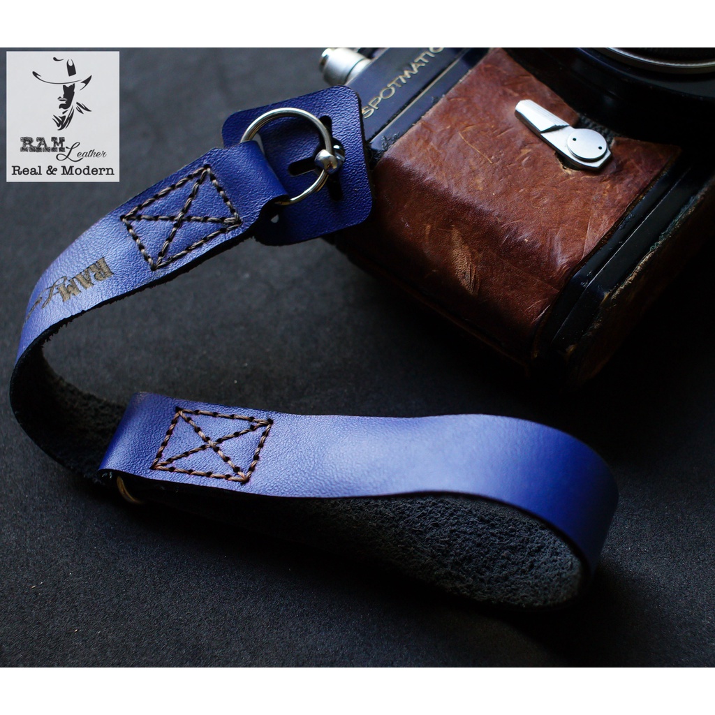 Dây máy ảnh vintage RAM Leather da bò thật handstrap xanh navy