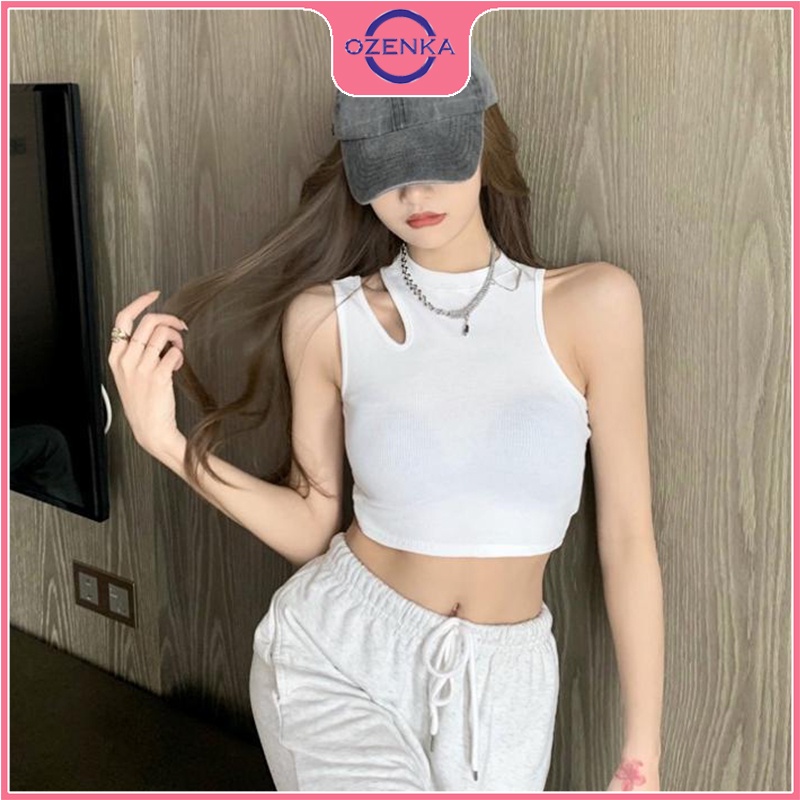 Áo croptop sát nách sẻ vai nữ ozenka , áo balo kiểu nữ không tay ôm body sang chảnh thun gân 100% cotton đen trắng đẹp