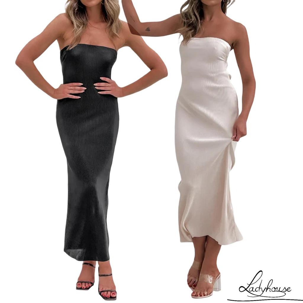 Ldd-đầm Dài Mỏng Mùa Hè Không Dây Hở Lưng Màu Trơn Có Dây Buộc Dành Cho Nữ Đi Tiệc / Club / Bar