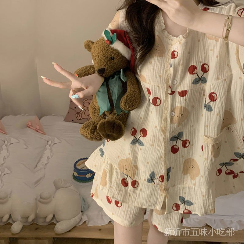 Bộ Đồ Ngủ Tay Ngắn Phối Ren Phong Cách Nhật Bản Dễ Thương Thời Trang Mùa Hè Cho Nữ