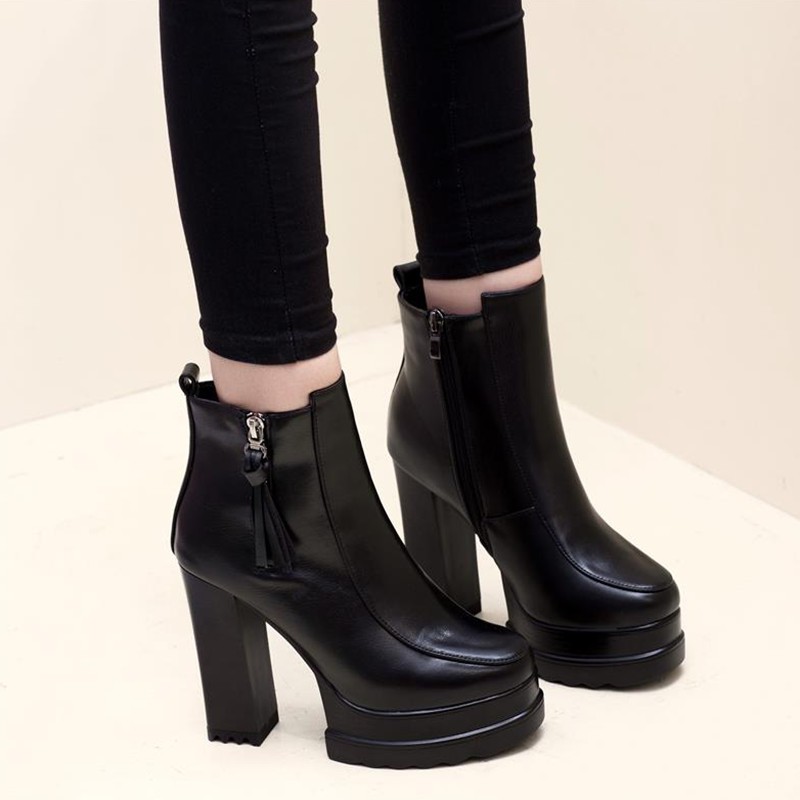 ✟❡✓small short boots plus velvet winter thick heel high heels 10-12cm super women s shoes 34 size black 2020 new