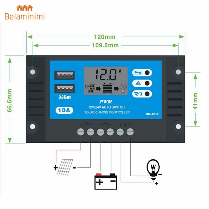 Bộ điều khiển sạc năng lượng mặt trời cổng USB PWM màn hình LCD 12V 24V