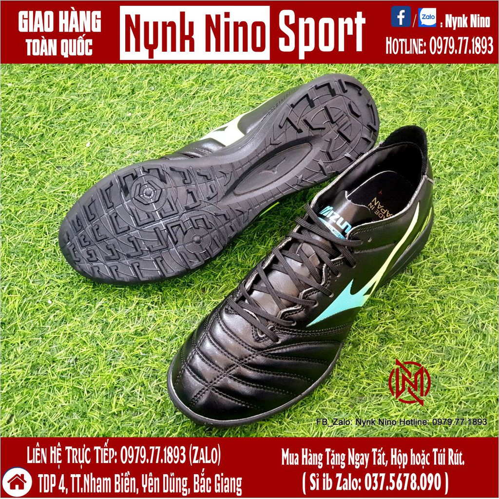 Giày Đá Bóng Mizuno Neo 3 Đen Vạch Xanh Phản Quang TF