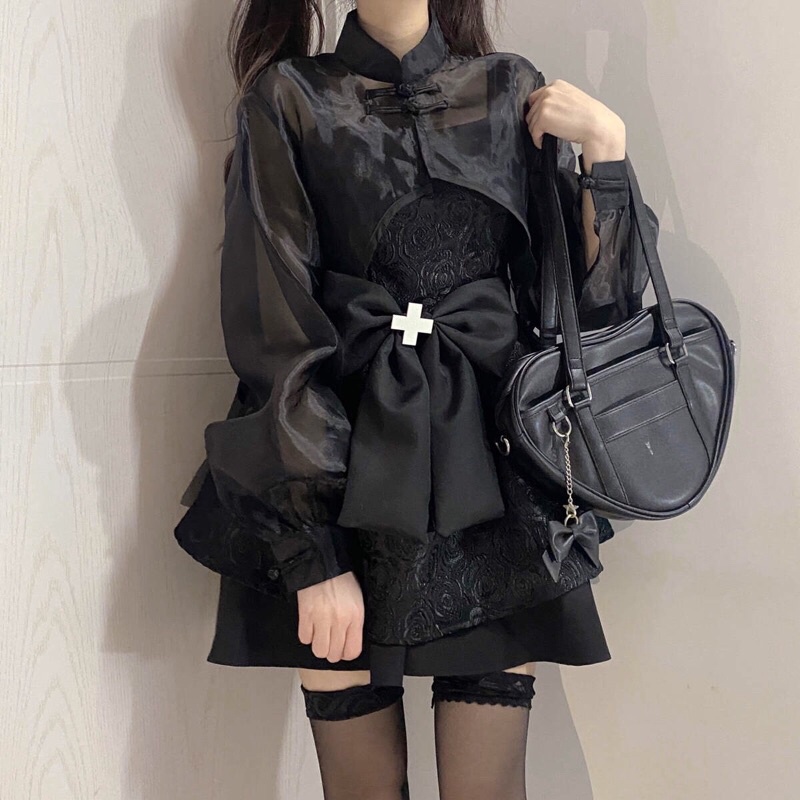 YAS0340-Set váy hoa hồng đen phong cách Trung Hoa cá tính