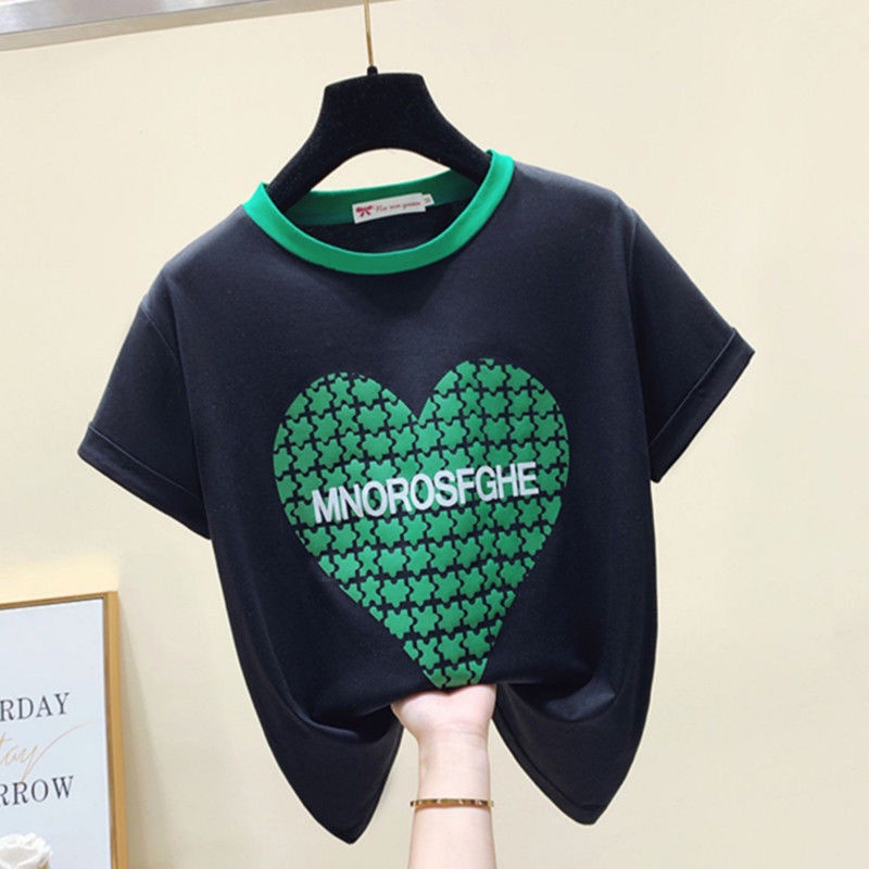 Áo Thun Cotton Cổ Tròn Tay Ngắn In Hình Trái Tim Phối Màu Thời Trang Mùa Hè Hàn Quốc Mới 2022 Dành Cho Bạn Nữ