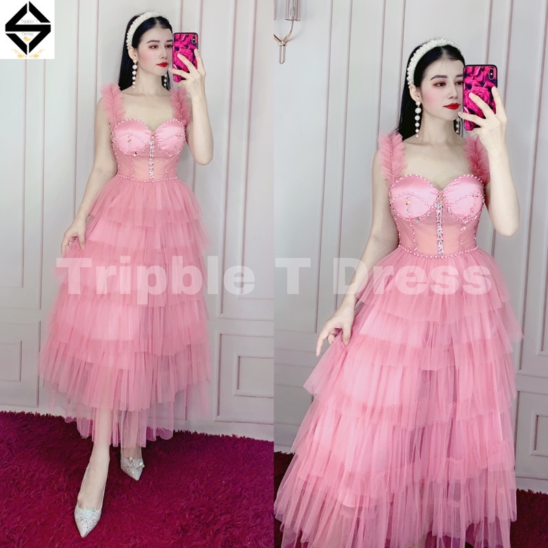 Đầm xoè dự tiệc xếp tầng kết cườm TRIPBLE T DRESS -Size M/L - MS160V