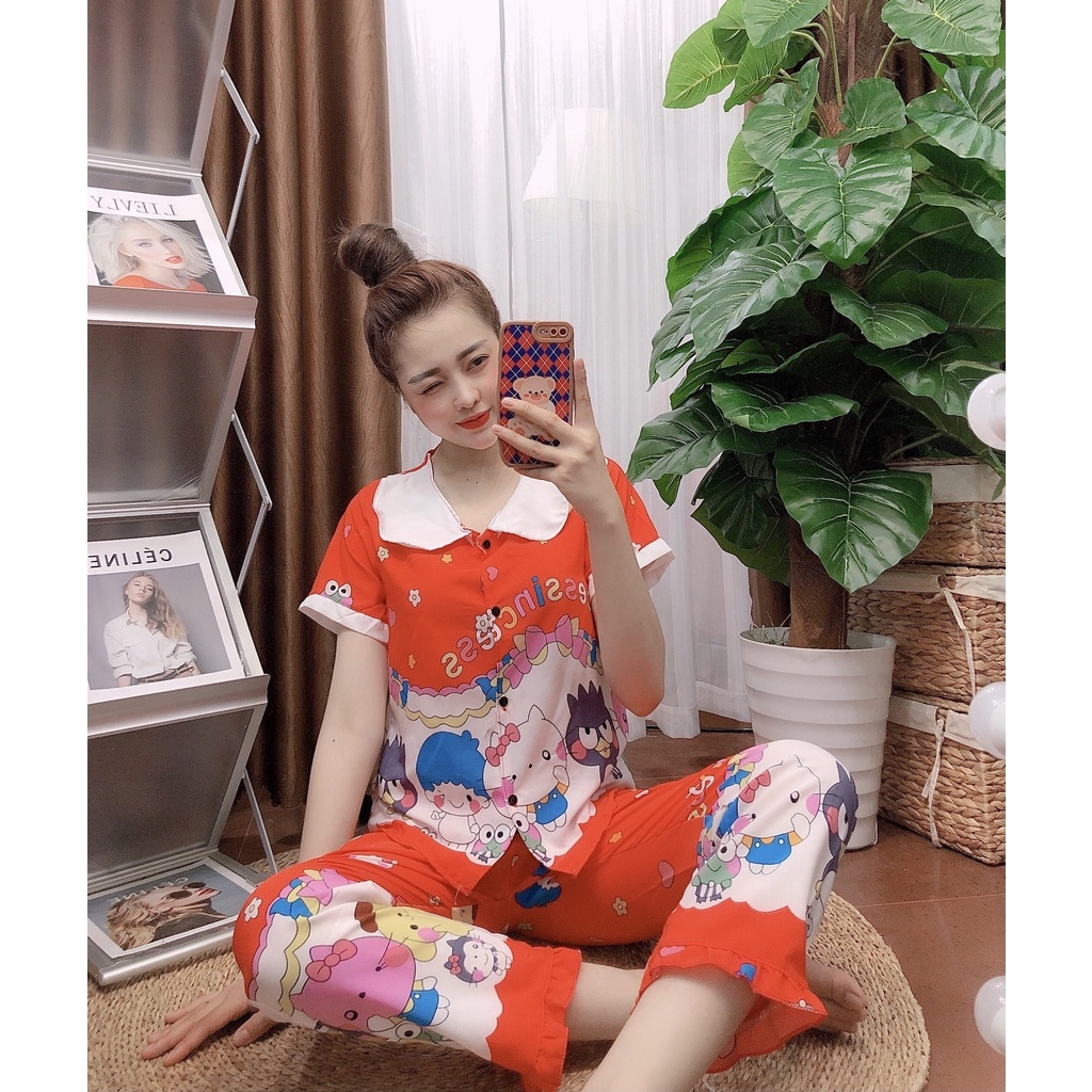 đồ bộ pijama tay ngắn quần dài mặc nhà dễ thương nữ vải Lụa Hàn Họa Tiết Siêu Cute