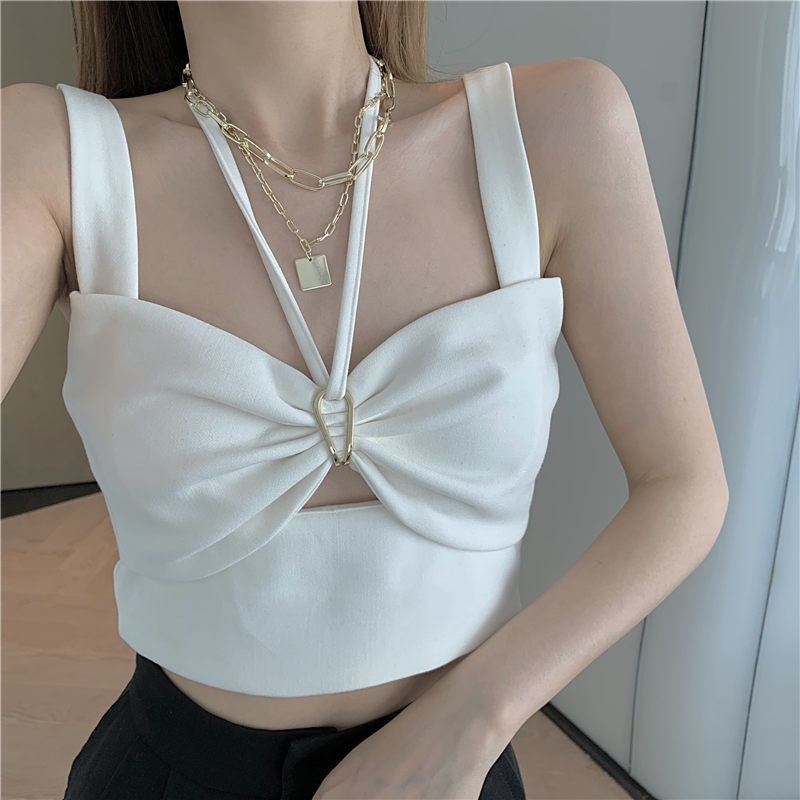 Jiashucheng Áo Sát Nách Ngắn Cổ Yếm Khoét Rỗng Cảm Giác Thiết Kế Ngọt Ngào Thời Trang Mùa Hè