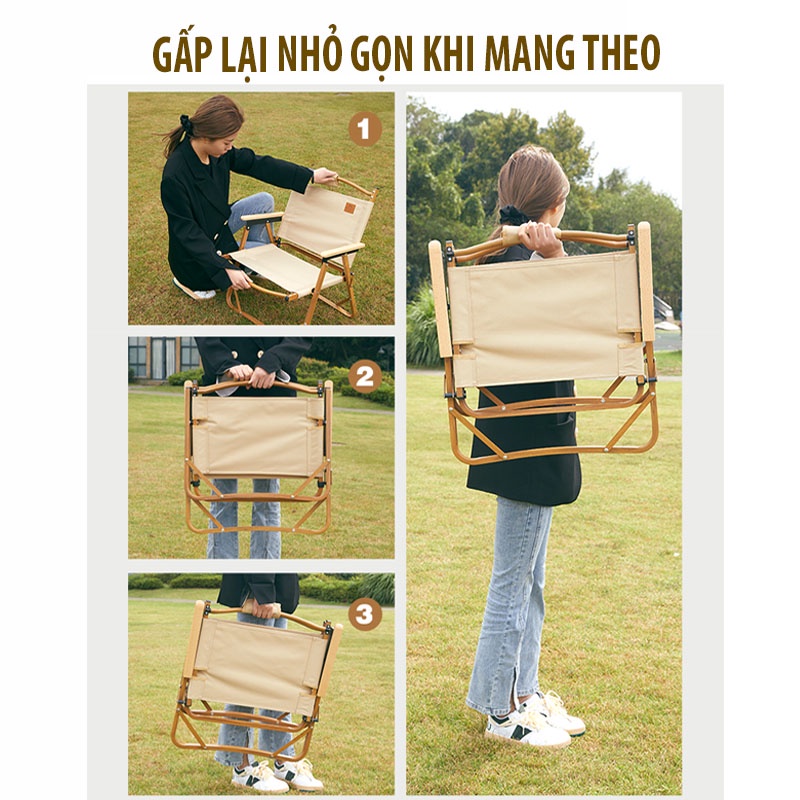 Ghế gỗ xếp gấp gọn, Ghế cắm trại tựa lưng có tỳ tay có túi đựng gỗ sồi cắm trại dã ngoại du lịch VT168