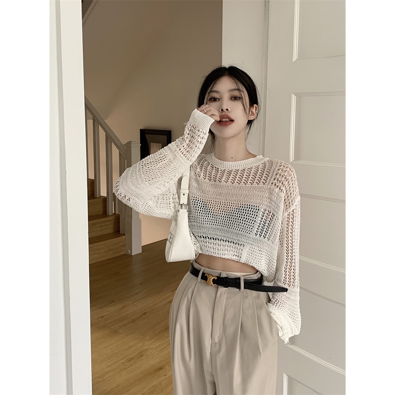 QKOOLE  Áo Croptop Dệt Kim Tay Dài Cổ Tròn Phong Cách Hàn Quốc Cổ Điển Thời Trang Cho Nữ