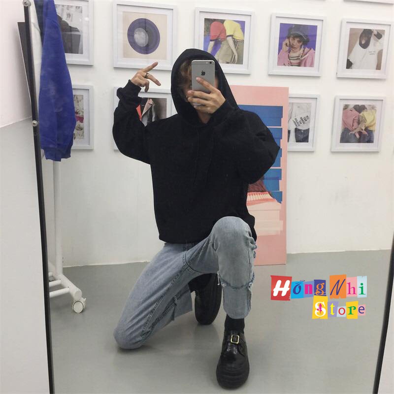 Áo Hoodie Trơn Màu Đen Cao Cấp Dáng Rộng Unisex Nam Nữ Mặc Được - MM | BigBuy360 - bigbuy360.vn