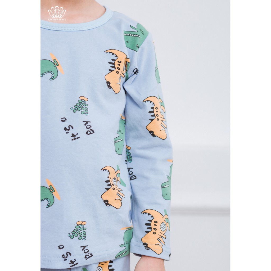 Bộ Mặc Nhà Dài Tay Bé Trai Crown Space Cao Cấp - Cotton Thoáng Mát Hình Khủng Long Xanh CKBL5911406 Size 17-33kg